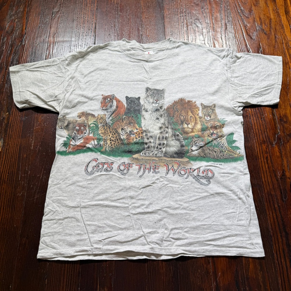 Vintage 90s Cats of the World T Shirt Mens L Gray HL Miller Single Stitch USA